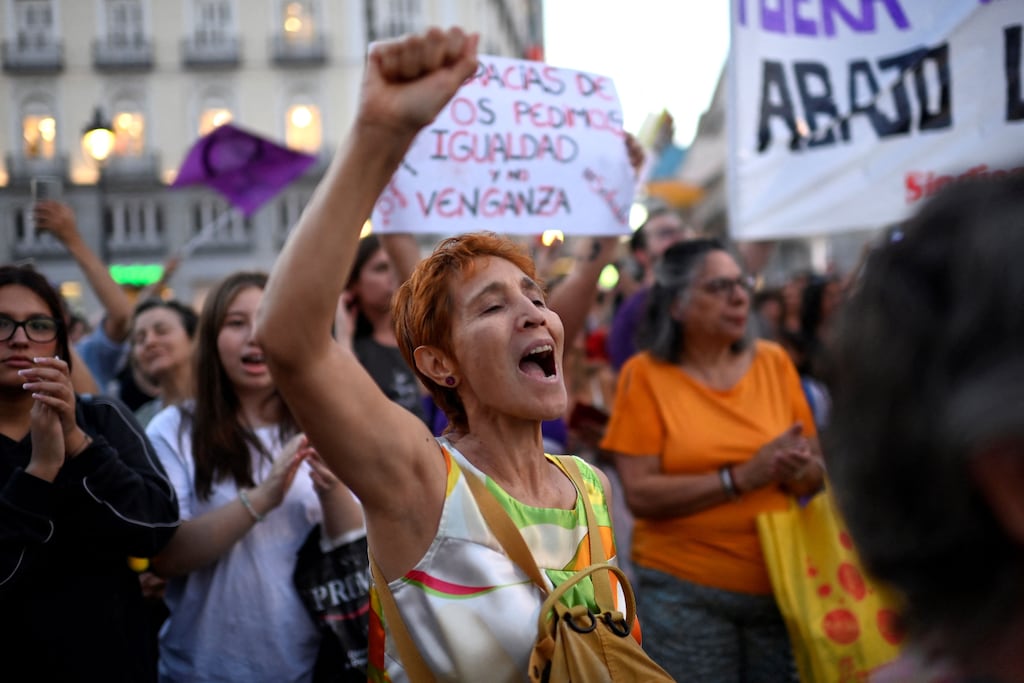 A protestor shouts during a demonstration called by women's groups in support to Spain's midfielder Jenni Hermoso in Madrid on August 28th. Photograph: Oscar del Pozo / AFP via Getty