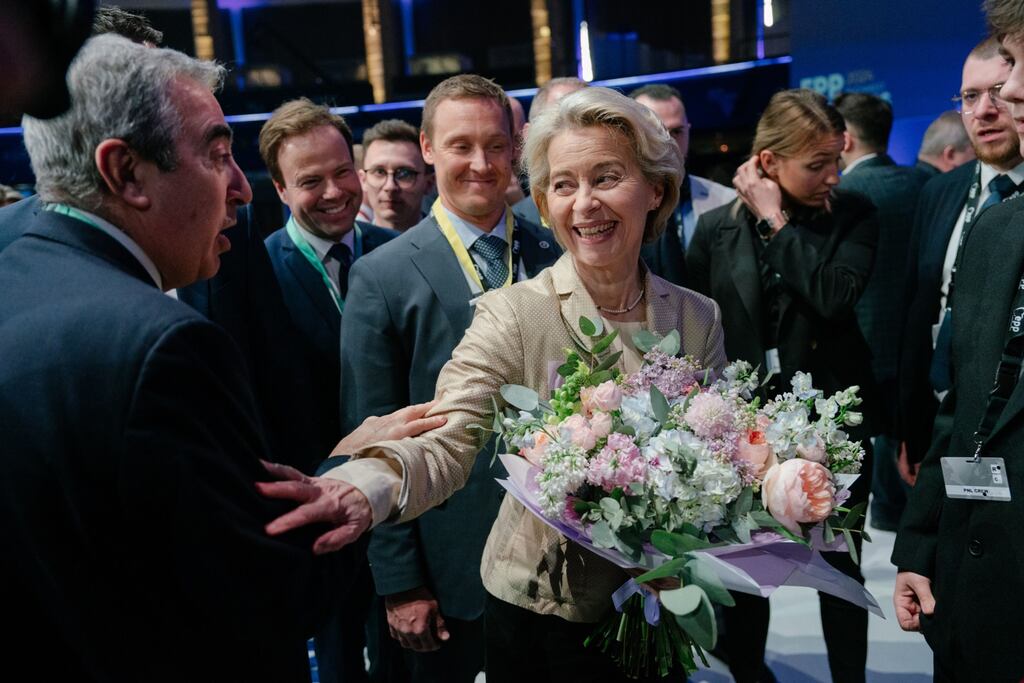 Ursula von der Leyen (centre), president of European Commission, after being endorsed as the sole candidate of the European People's Party for another term as the European Commission’s president. Photograph: Andrei Pugnovschi/Bloomberg