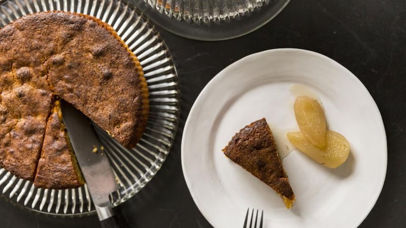 Orange, almond, ginger, sour cherry and bitter chocolate cake. Photograph: Emma Jervis