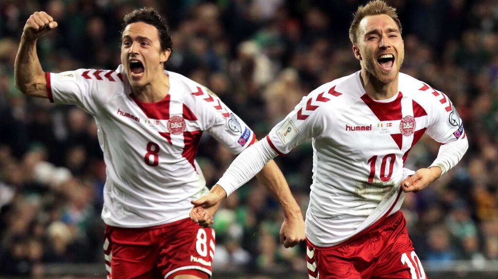 Denmark’s Thomas Delaney and Christian Eriksen. The Danish Players Association are in a dispute with the DBU over a new commercial rights agreement. Photograph: Morgan Treacy/Inpho