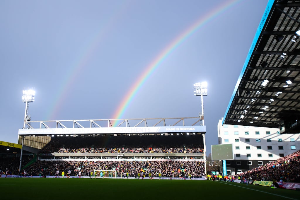 A rainbow at Carrow Road, Norwich. Photograph: Rhianna Chadwick/PA