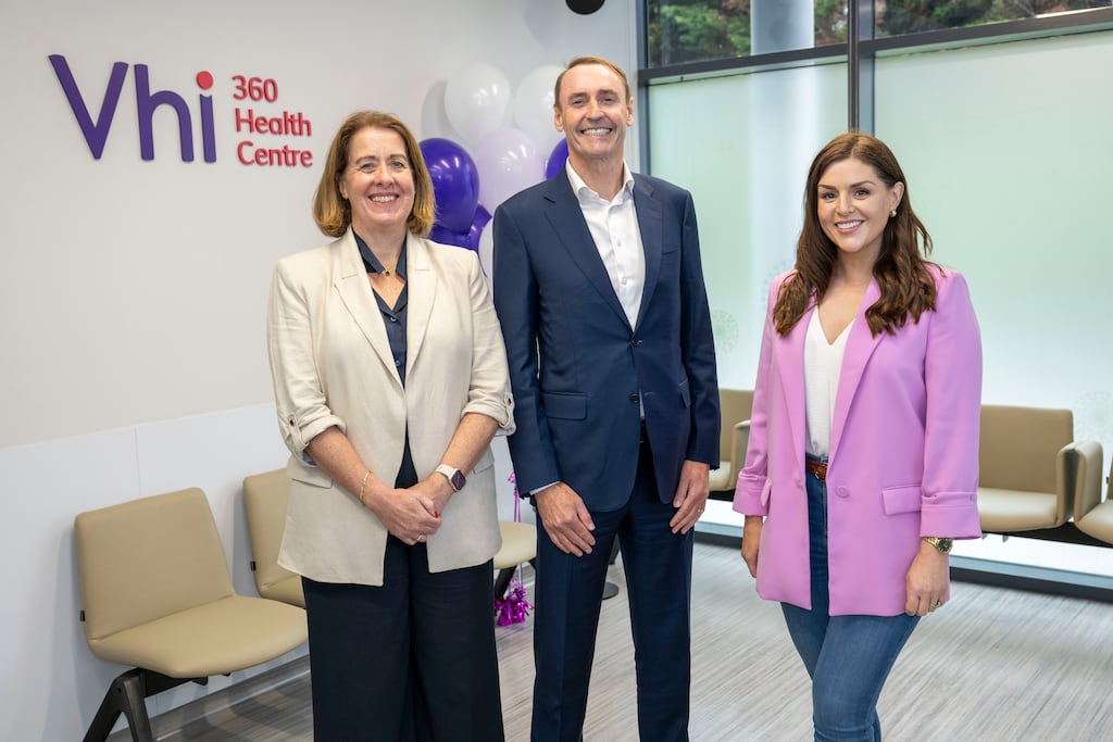 Anne O’Connor, managing director, VHI Health and Wellbeing; Brian Walsh, chief executive of, VHI Group; and Síle Seoige, ambassador for VHI's 360 Health Centre in Galway. Photograph: Andrew Downes