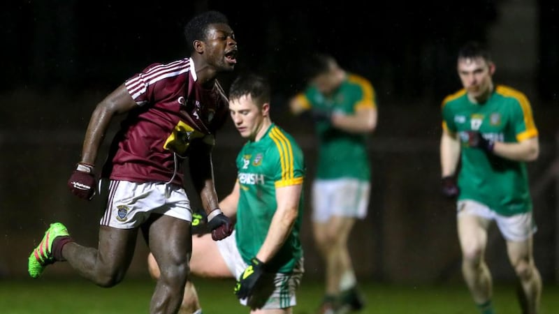 Westmeath’s Boidu Sayeh celebrates scoring a late goal against Meath in the Leinster U-21 football championship last year at Mullingar. Photograph: James Crombie/Inpho