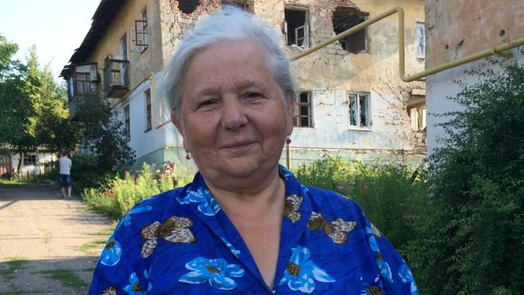 Tamara Zolotushenko outside houses struck by shelling in Semyonovka, a village just outside Slovyansk in eastern Ukraine. “I’ve lived here 40 years but now I have to go,” she said. “I have no idea what I will do now.” Photograph: Daniel McLaughlin