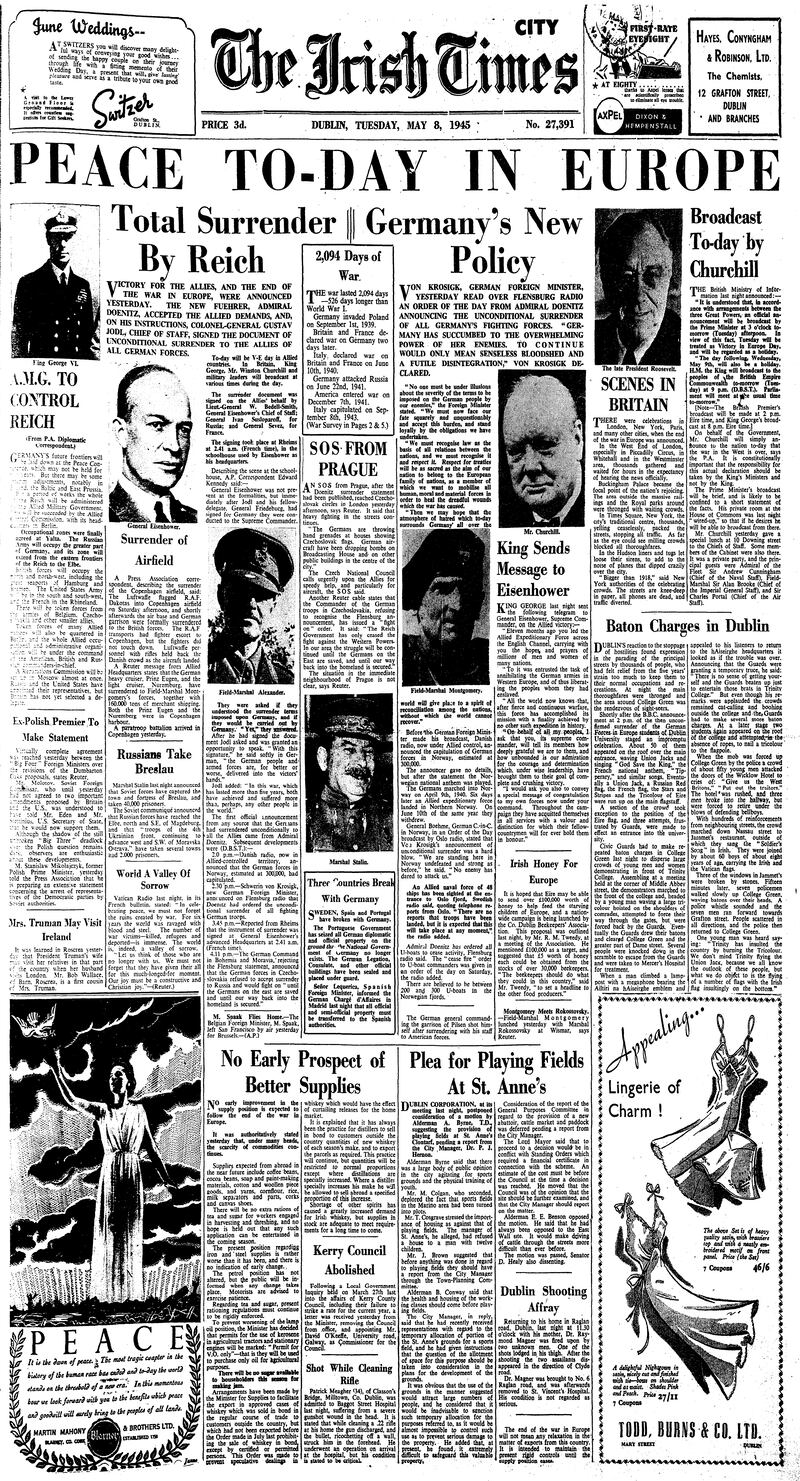 The front page of The Irish Times from May 8th, 1945