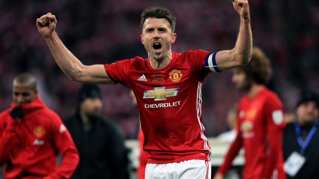 Manchester United’s Michael Carrick celebrates after winning the EFL Cup Final at Wembley Stadium last weekend. Photo: Adam Davy/PA