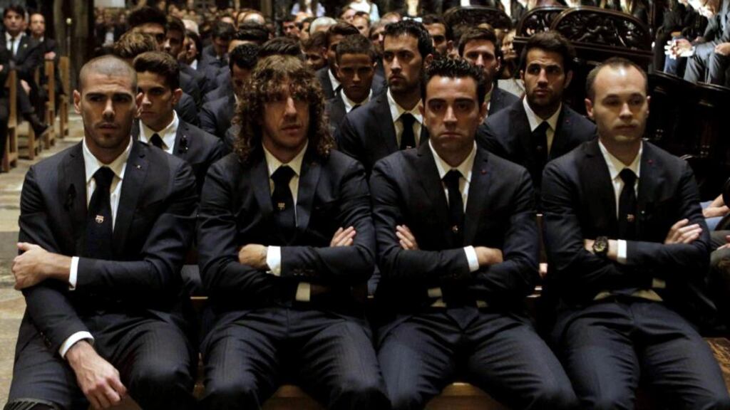 Barcelona players attend the funeral ceremony for Francesc ‘Tito’ Vilanova at Barcelona’s Cathedral on Monday evening. Photograph: Toni Albir/EPA
