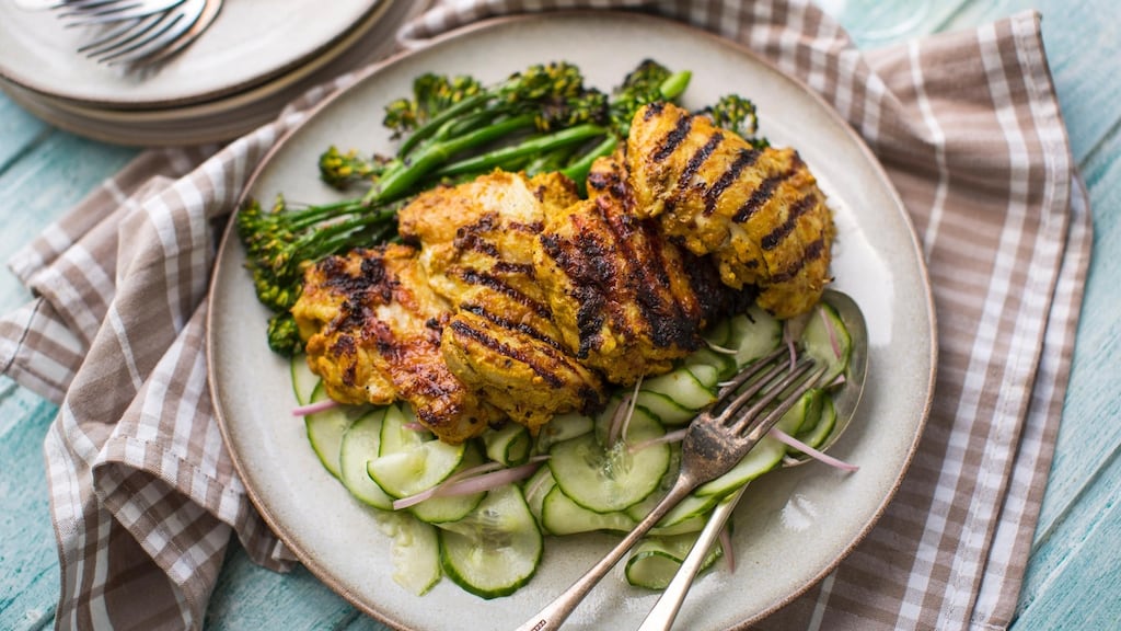 Cook the chicken skin side down for six-eight minutes and then turn for a further six-eight minutes.