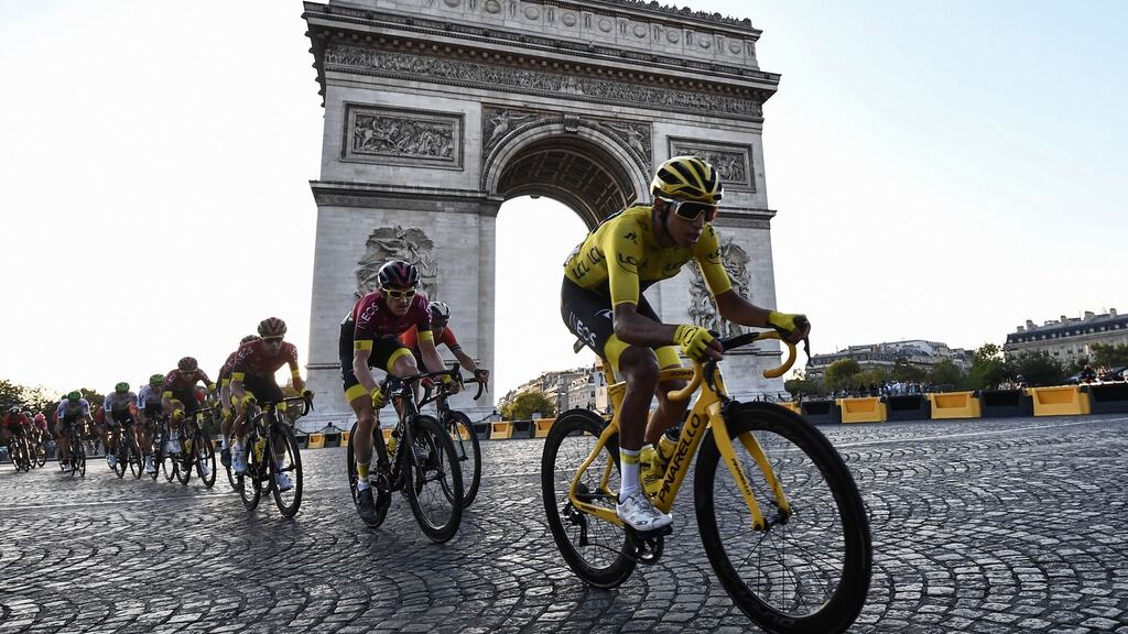 Colombia’s Egan Bernal cycles down the Champs-Élysées during the last stage of the Tour de France in 2019. There are real prospects that this year’s Tour will be put on hold. Photograph: Getty Images