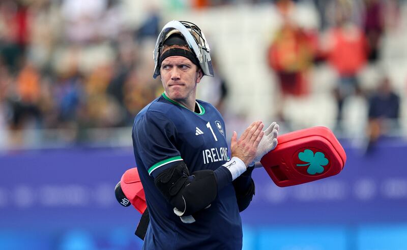 Ireland goalkeeper David Harte shows his sppreciation to the crowd after the game against Belgium at Stade Yves-du-Manoir in Paris. Photograph: Ryan Byrne/Inpho