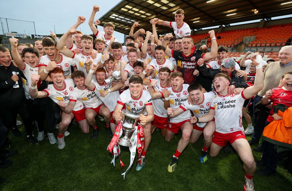 Tyrone celebrate retaining their All-Ireland under-20 football title after beating Louth on Wednesday evening. Photograph: Lorcan Doherty/Inpho