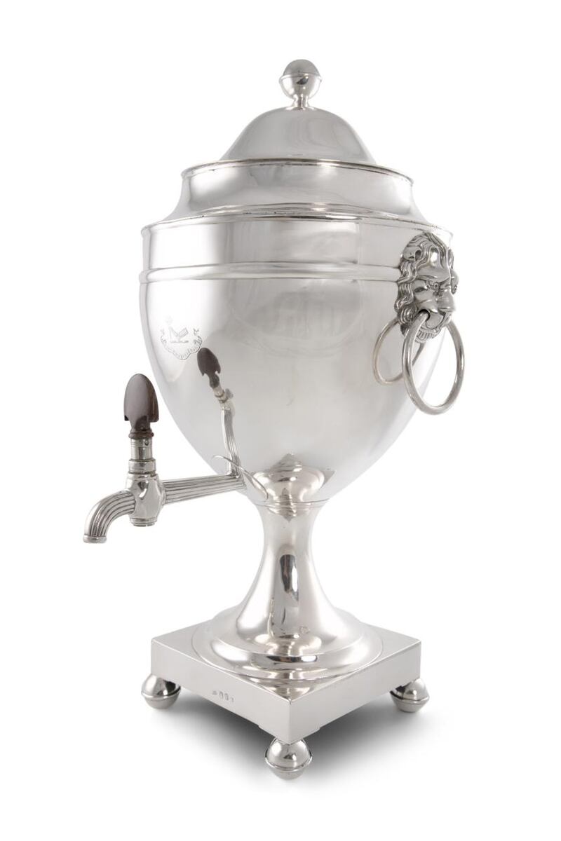 Lot 30, rare George III Irish silver samovar from Dublin 1803, with the mark of Robert Breading, standing at 50cm high, €3,000-€4,000.