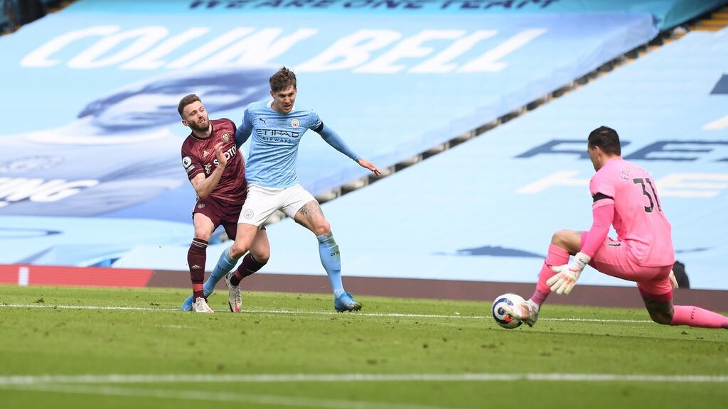 Stuart Dallas scores Leeds’s winner against Manchester City. Photograph: Michael Regan/EPA