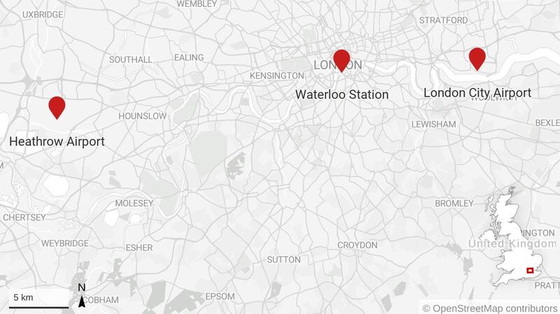 Devices were sent to London’s Heathrow Airport, City Airport and Waterloo train station