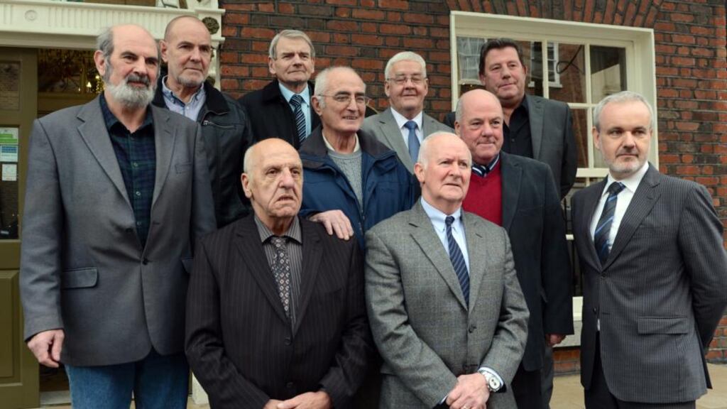 At the  ‘Hooded Men’ Amnesty press conference in Dublin recently, from left: Micheal Donnelly, Patrick Mc Nally, Brian Turley, Gerry Mc Kerr, Francis Mc Guigan, Joe Clarke, Jim Auld. Front left, Kevin Hannaway, Liam Shannon and Colm O Gorman, Amnesty Ireland. Photograph: Cyril Byrne / THE IRISH TIMES