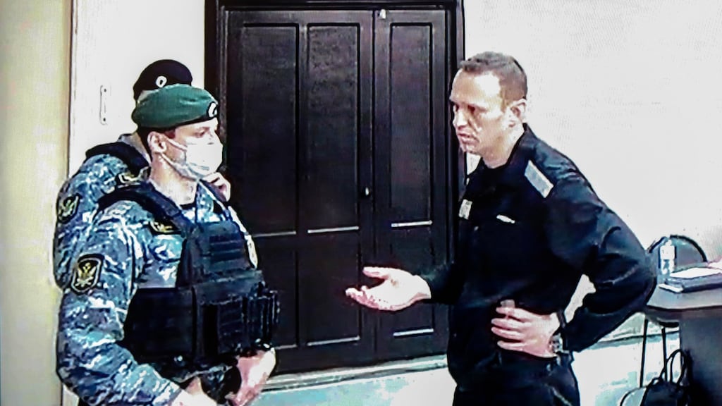 Alexei Navalny: the Russian opposition leader in the makeshift courtroom at the IK-2 penal colony in Pokrov, Vladimir region, about 100km east of Moscow. Photograph: Yuri Kochetkov/EPA