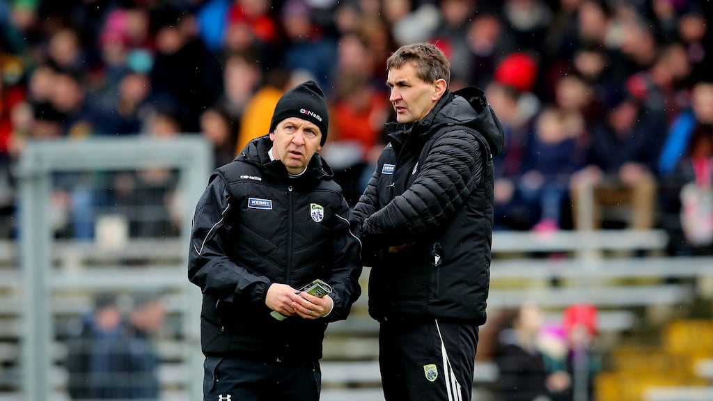 Kerry manager Peter Keane with selector Maurice Fitzgerald. “I don’t see managing expectations as being anywhere in my role or brief,” says Keane.  Photograph: Ryan Byrne/Inpho
