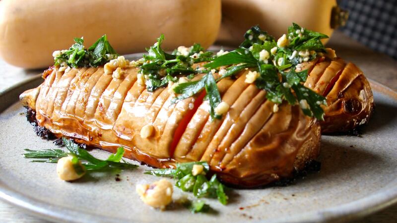 Butternut squash hasselbacks with hazelnut crumb
