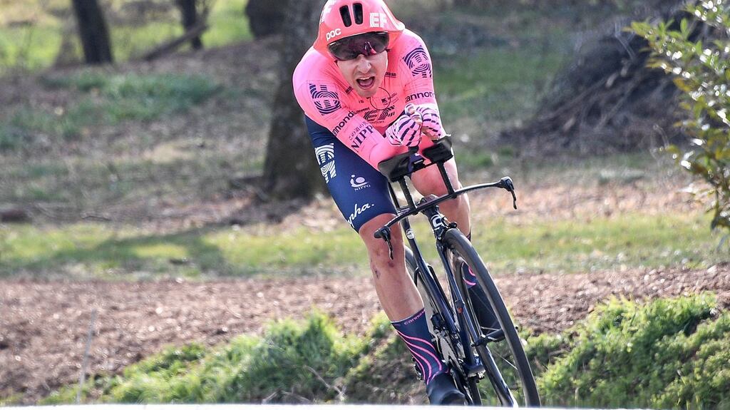 Switzerland’s Stefan Bissegger competes during the third stage of the Paris-Nice race. Photograph: Getty Images
