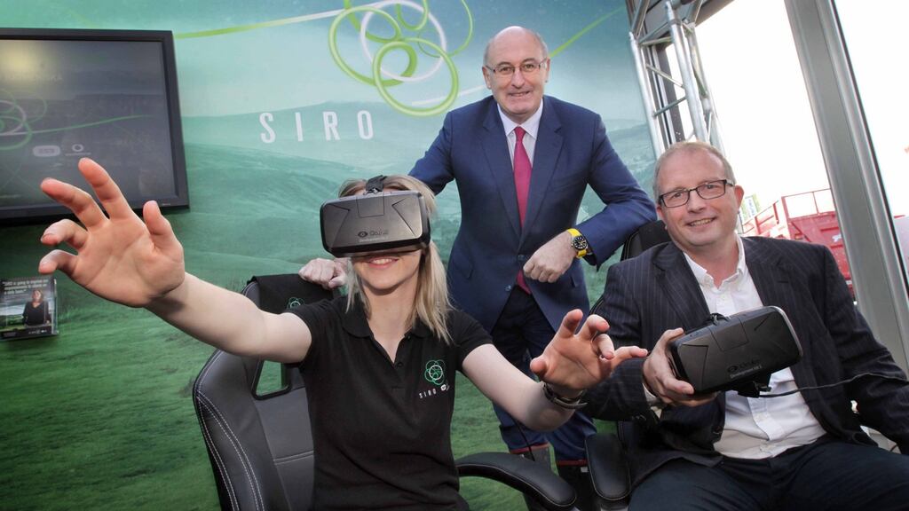 European Commissioner for Rural Development Phil Hogan, centre, with Lucy O’Brien and Sean Atkinson, chief executive of Siro. photograph: photocall ireland