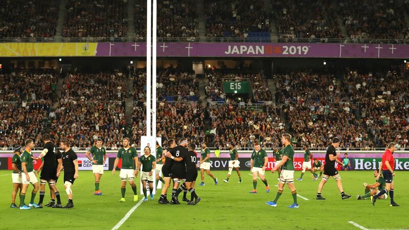 New Zealand’s George Bridge celebrates scoring a try against South Africa at International Stadium Yokohama. Photograph: Getty Images