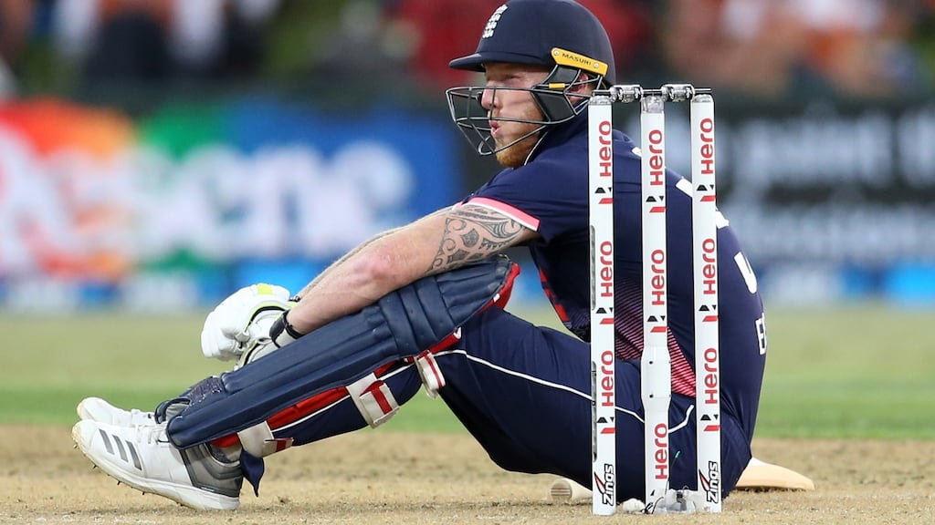 Ben Stokes reacts after being hit by the ball during the second one-day international (ODI) cricket match between New Zealand and England. Photograph: Getty Images