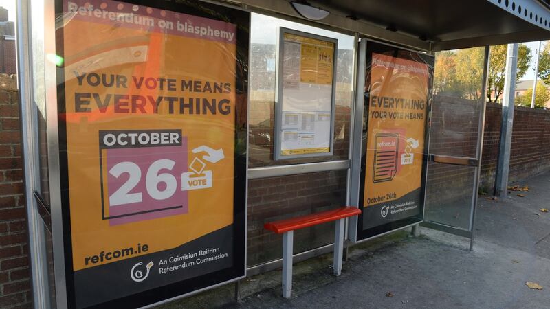 Poster on the referendum on Blasphemy in Dublin. Photograph: Dara Mac Dónaill