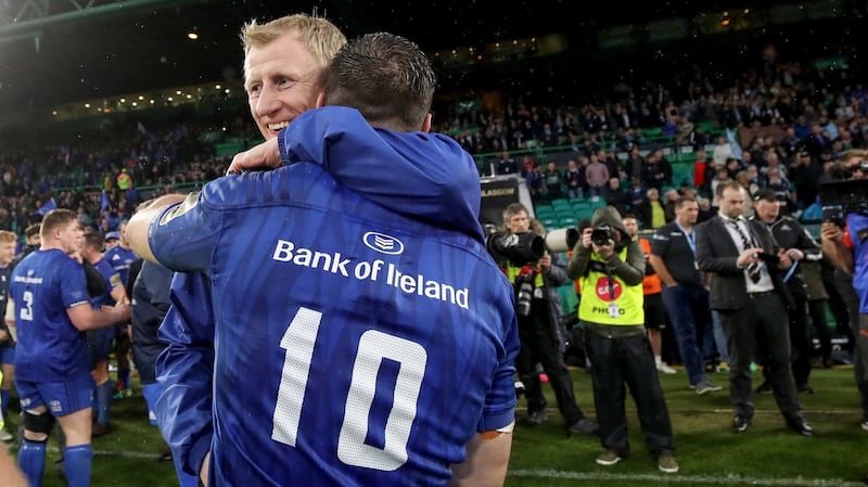 Leo Cullen and Johnny Sexton celebrate after the final whistle at Celtic Park. Photograph: Dan Sheridan/Inpho