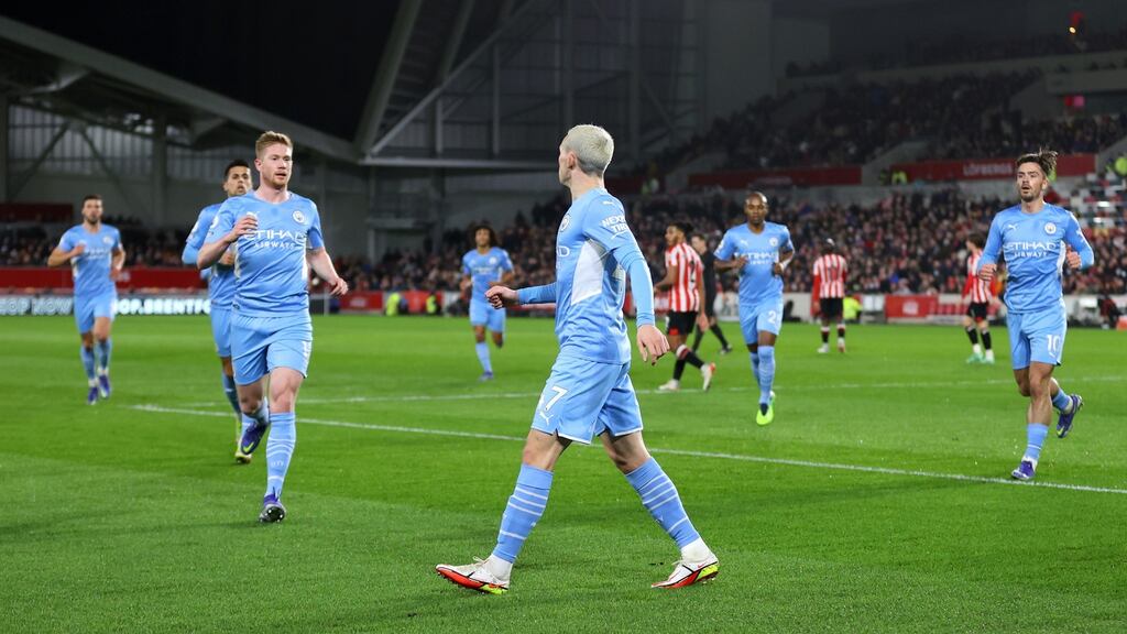 Phil Foden of Manchester City celebrates after scoring his side’s winner against Brentford. Photo: Catherine Ivill/Getty Images