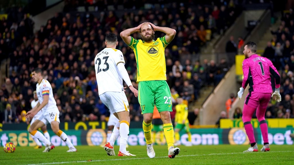 Norwich City’s Teemu Pukki rues a missed chance during the Premier League match against Wolves at Carrow Road. Photo: Joe Giddens/PA Wire