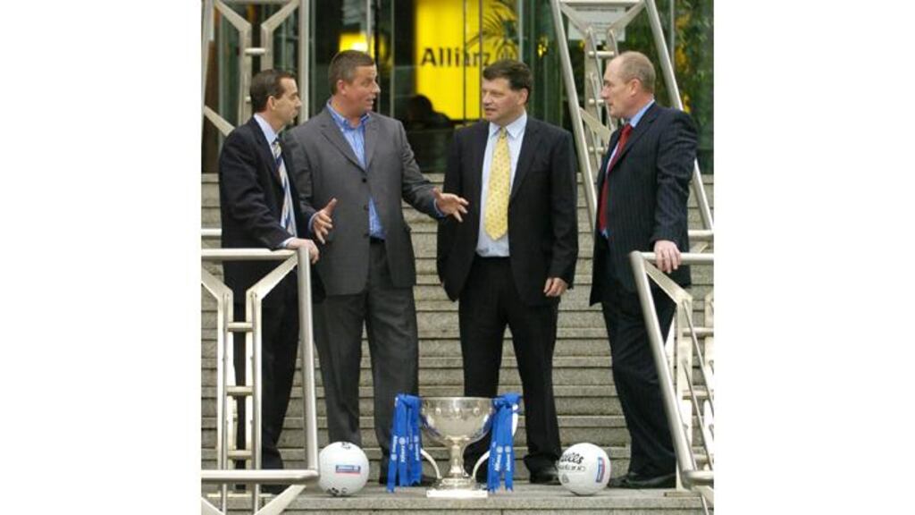 Managers Pat O'Shea of Kerry, Dublin's Paul Caffrey, Mayo's John
O'Mahony and Eamonn McEneaney of Louth at the launch of the
National Football League campaign in Dublin yesterday. Photograph:
Brendan Moran/Sportsfile
