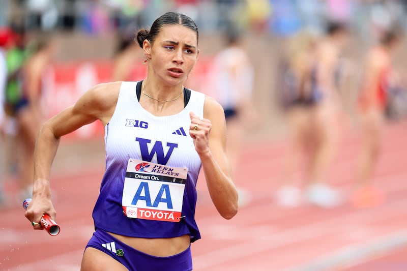 Sophie O'Sullivan in the College Women's 4x800 Championship of America during the Penn Relays at the University of Pennsylvania on April 26th. Photograph: Isaiah Vazquez/Getty Images