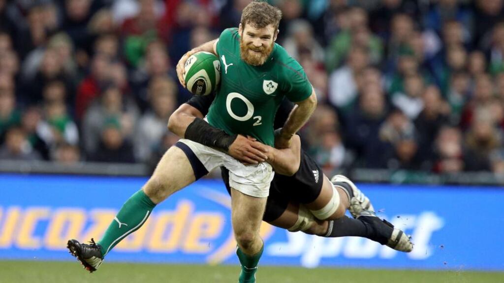 Gordon D’Arcy, one of the outstanding performers yesterday, is tackled by Ma’a Nonu. Photograph: Dan Sheridan/Inpho