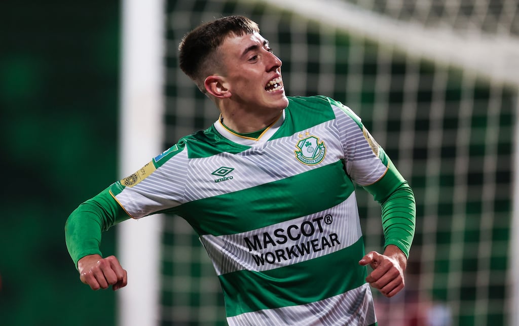 Shamrock Rovers' Darragh Burns celebrates after scoring his side's third goal of the match at Tallaght Stadium on Monday. Photograph: Tom Maher/Inpho