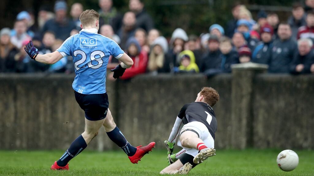 Killian O’Gara scores Dublin’s second goal against Louth in the O’Byrne Cup final. Photograph: Ryan Byrne/Inpho