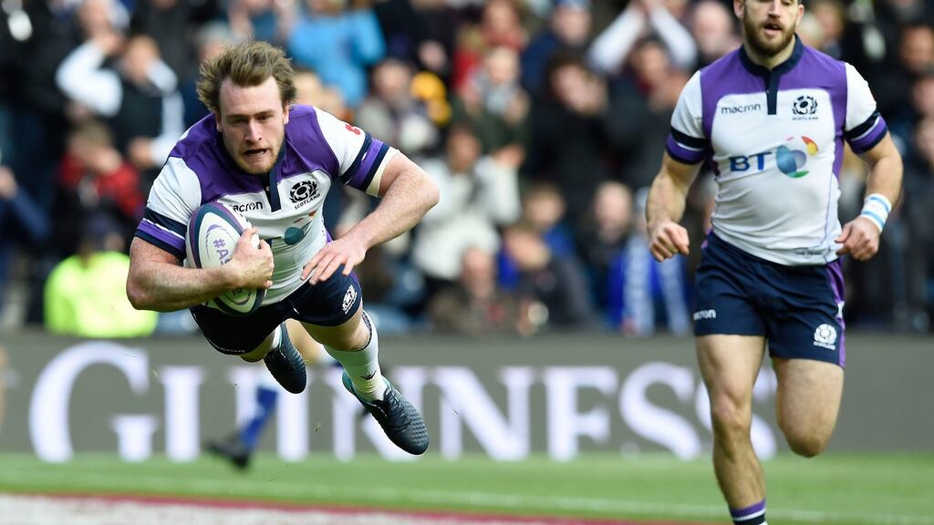 Scotland’s Stuart Hogg scores a try during the autumn international against Samoa  at BT Murrayfield. Photograph: Ian Rutherford/PA Wire
