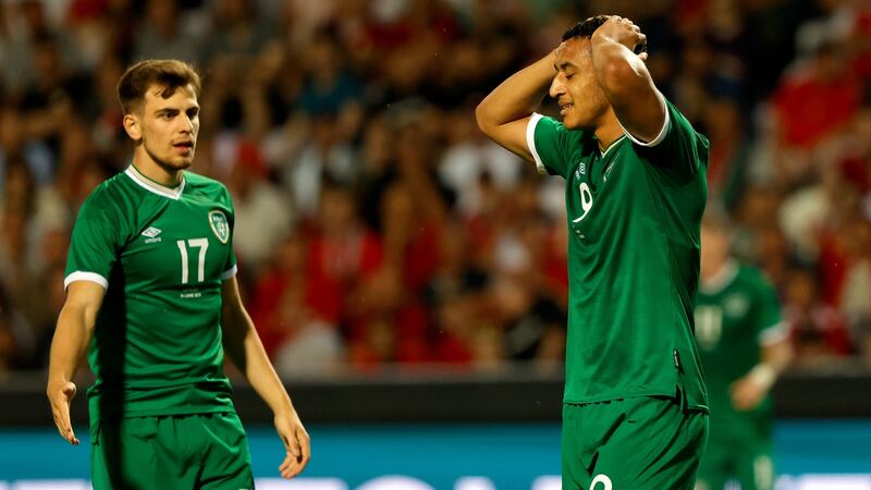 Adam Idah reacts to a missed chance during Ireland’s stalemate in Budapest. Photograph: Laszlo Szirtesi/Getty