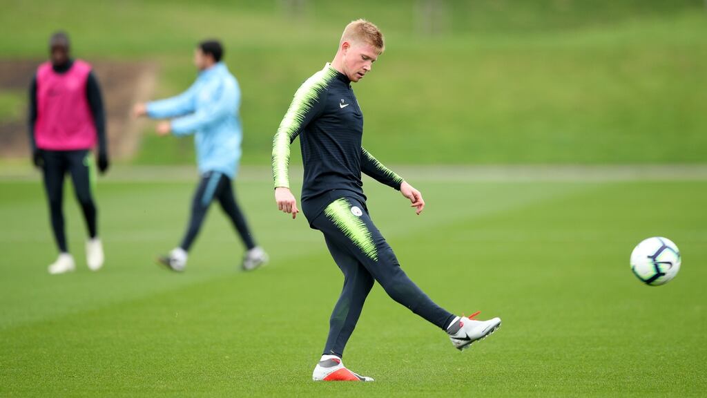 Kevin de Bruyne trains ahead of their Premier League clash with Burnley. Photograph: Matt McNulty via Getty Images