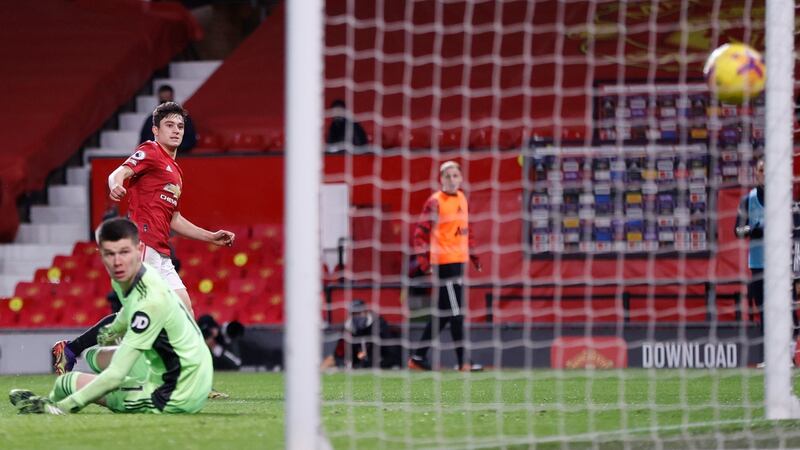 Daniel James scores United’s fifth. Photo: Clive Brunskill/EPA