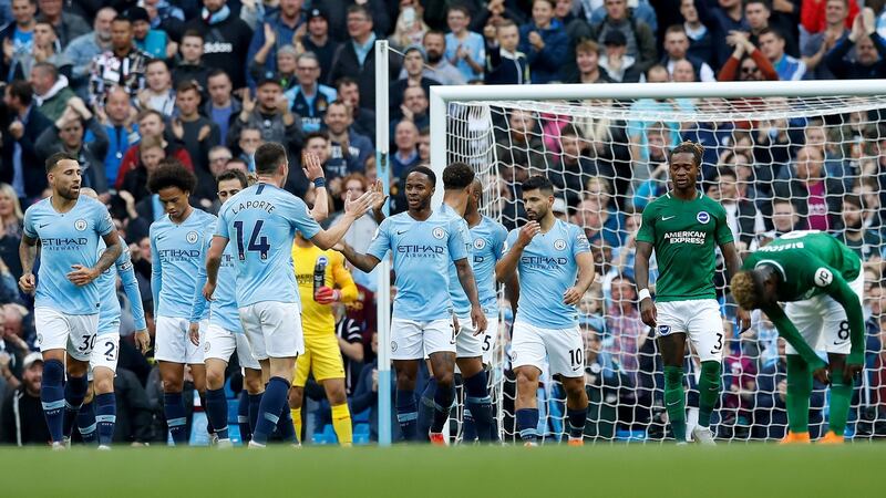 Manchester City’s Raheem Sterling celebrates scoring against Brighton at the Etihad Stadium. Photograph: Martin Rickett/PA Wire