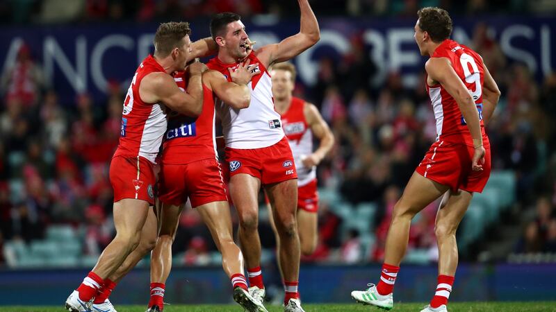 Colin O’Riordan of the Swans celebrates kicking a goal against Essendon Bombers at Sydney Cricket Ground last year. File photograph: Getty