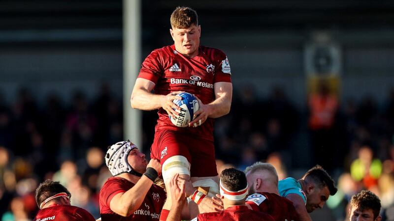 Munster’s Jack O’Donoghue wins a lineout during the Heineken Champions Cup Round of 16, first leg against Exeter at Sandy Park. Photograph: Ben Brady/Inpho