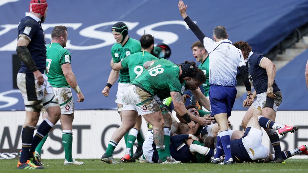 Referee Romain Poite awards Ireland a late penalty during the Six Nations game against Scotland at Murrayfield. Photograph: Laszlo Geczo/Inpho