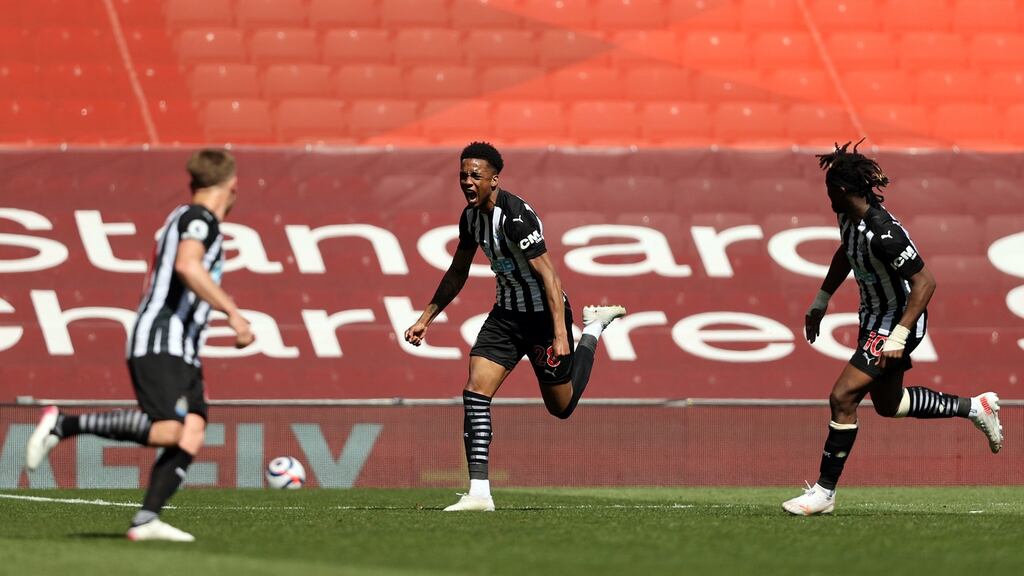 Newcastle United’s Joe Willock celebrates scoring his side’s equaliser during the Premier League draw with Liverpool. Photo: Clive Brunskill/PA Wire