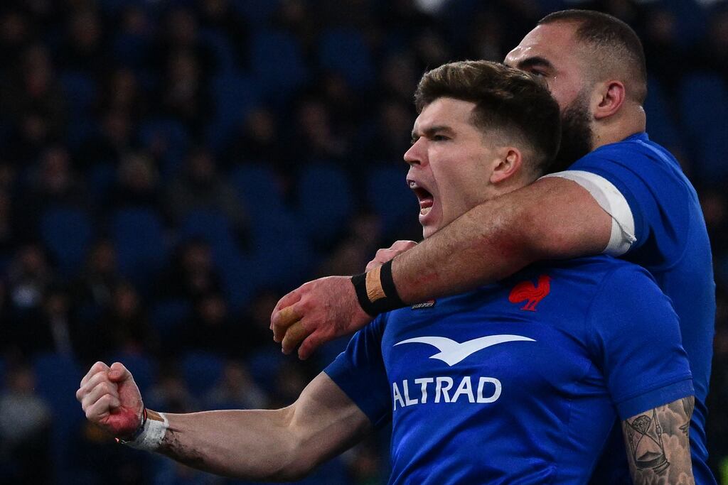 France's outhalf Matthieu Jalibert celebrates after scoring a try against Italy in Rome. Photograph: Vincenzo Pinto/AFP via Getty