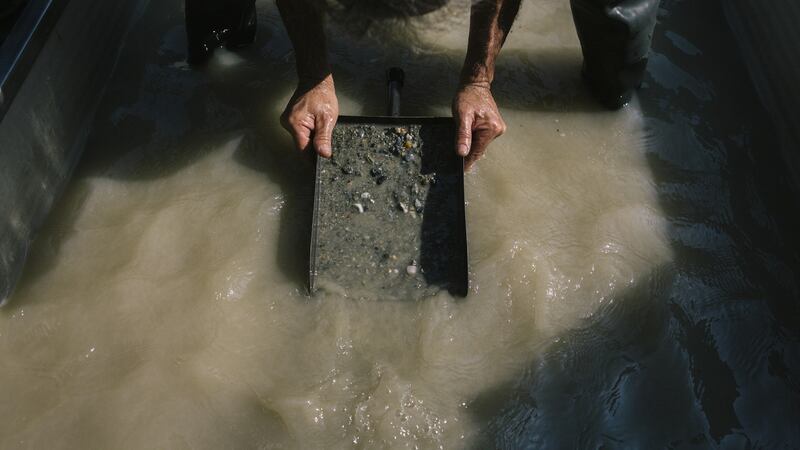 A goldpanner during the finals of the Italian Goldpanning Championship at the Victimula Gold Panner’s Arena in the Bessa Natural Reserve in Zubiena. Photograph: Gianni Cipriano/The New York Times
