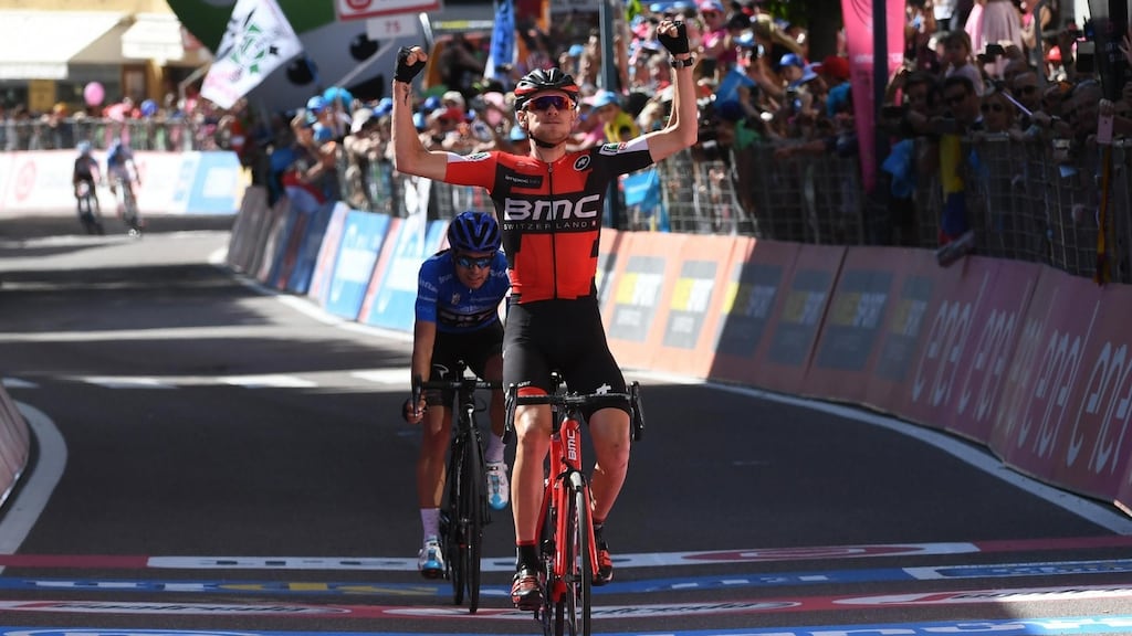 BMC Racing’s Tejay Van Garderen crosses the finish line to beat  Team Sky’s Mikel Landa in the  18th stage of the Giro d’Italia  from Moena to Ortisei. Photograph: Alessandro Di Meo/EPA