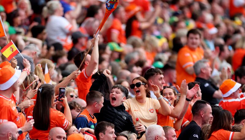 Armagh fans celebrate their side's goal against Kerry in Croke Park. Photograph: James Crombie/Inpho