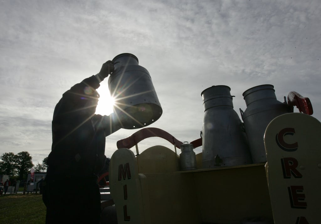 A 1930s cart and milk churns at the ploughing championship. EU transfers to farmers averaged more than 60% of farm incomes over the period of membership, reaching a peak of 75% during the 1990s. Without this support rural Ireland would have been a very different place. Photograph: Eric Luke