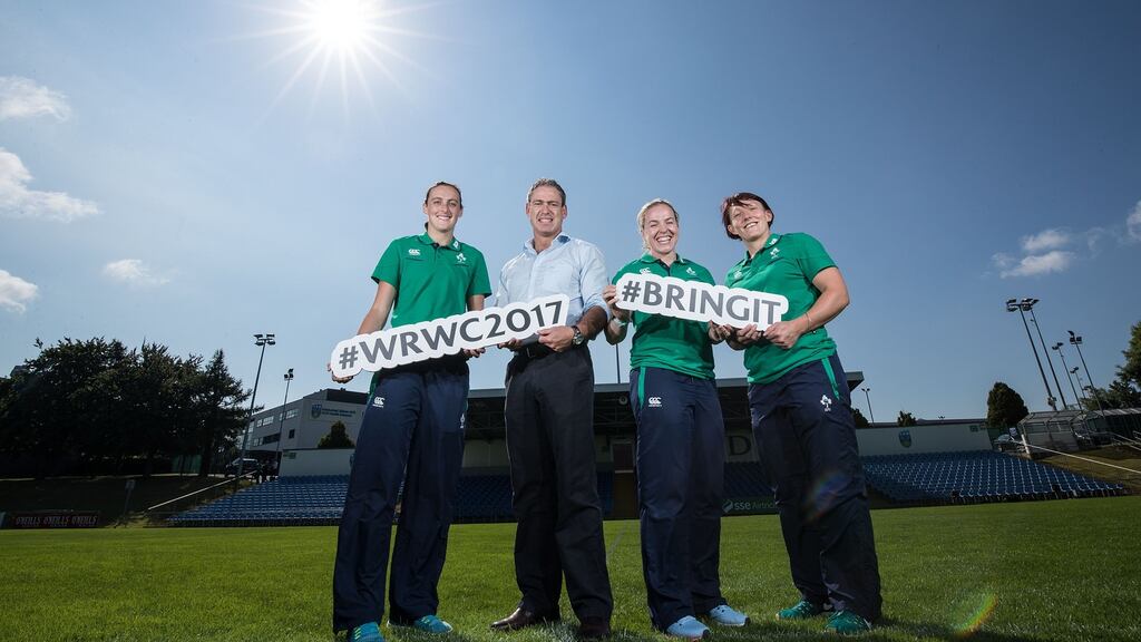 Ireland women head coach Tom Tierney with captain Niamh Briggs and Lindsay Peat at UCD. Photograph: Dan Sheridan/Inpho
